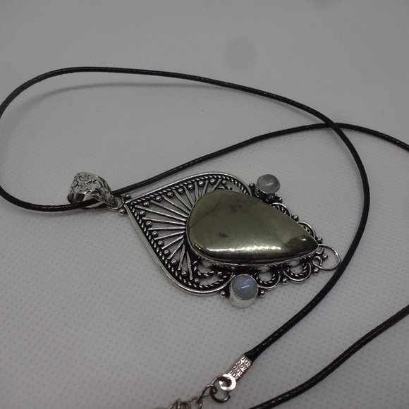 Ornate "APACHE PYRITE & MOONSTONE" Handmade Sterling Pendant on a 18" Cord #186 - Picture 3 of 3